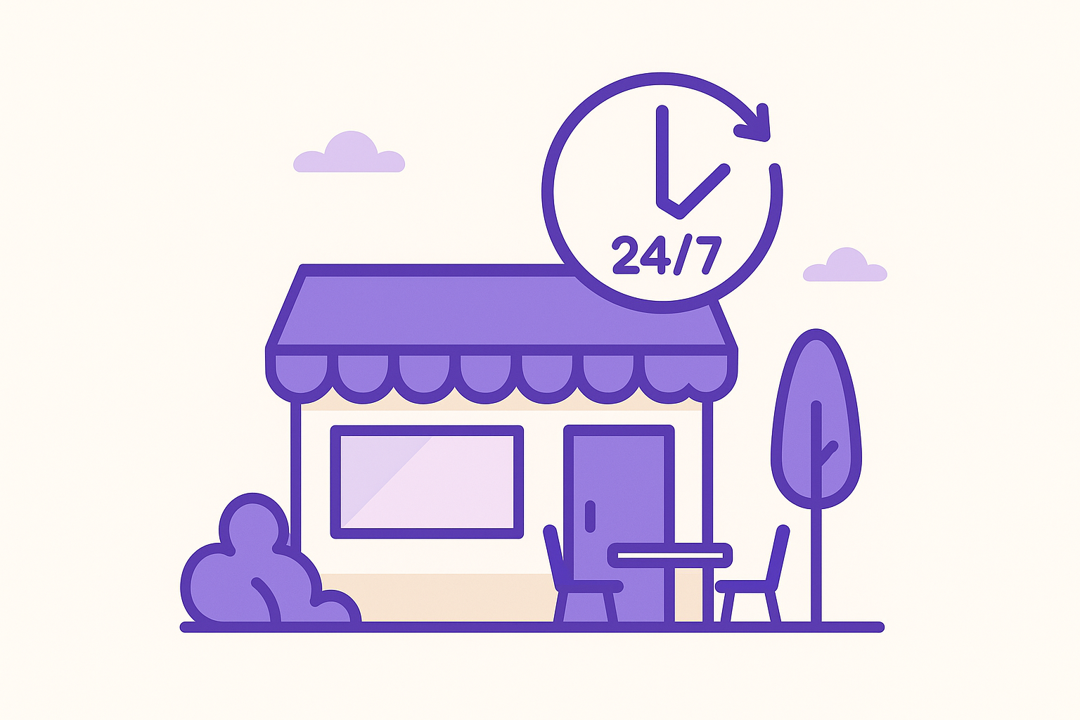Illustration of a restaurant with a clock showing 24/7 service