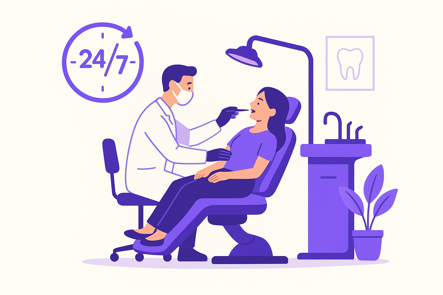 Illustration of a dental clinic with a clock showing 24/7 service.
