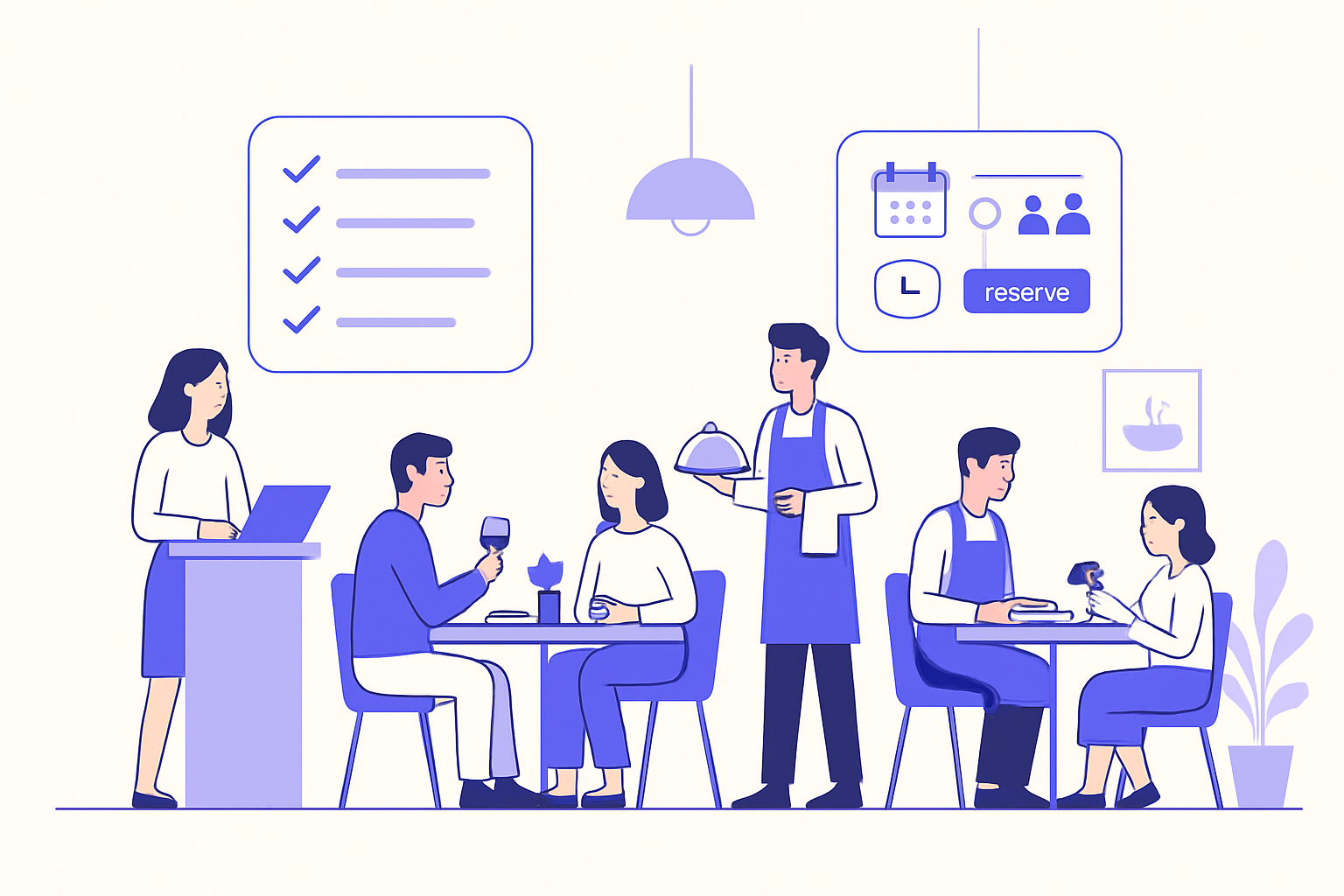 An illustration of a busy restaurant with automated booking features in action