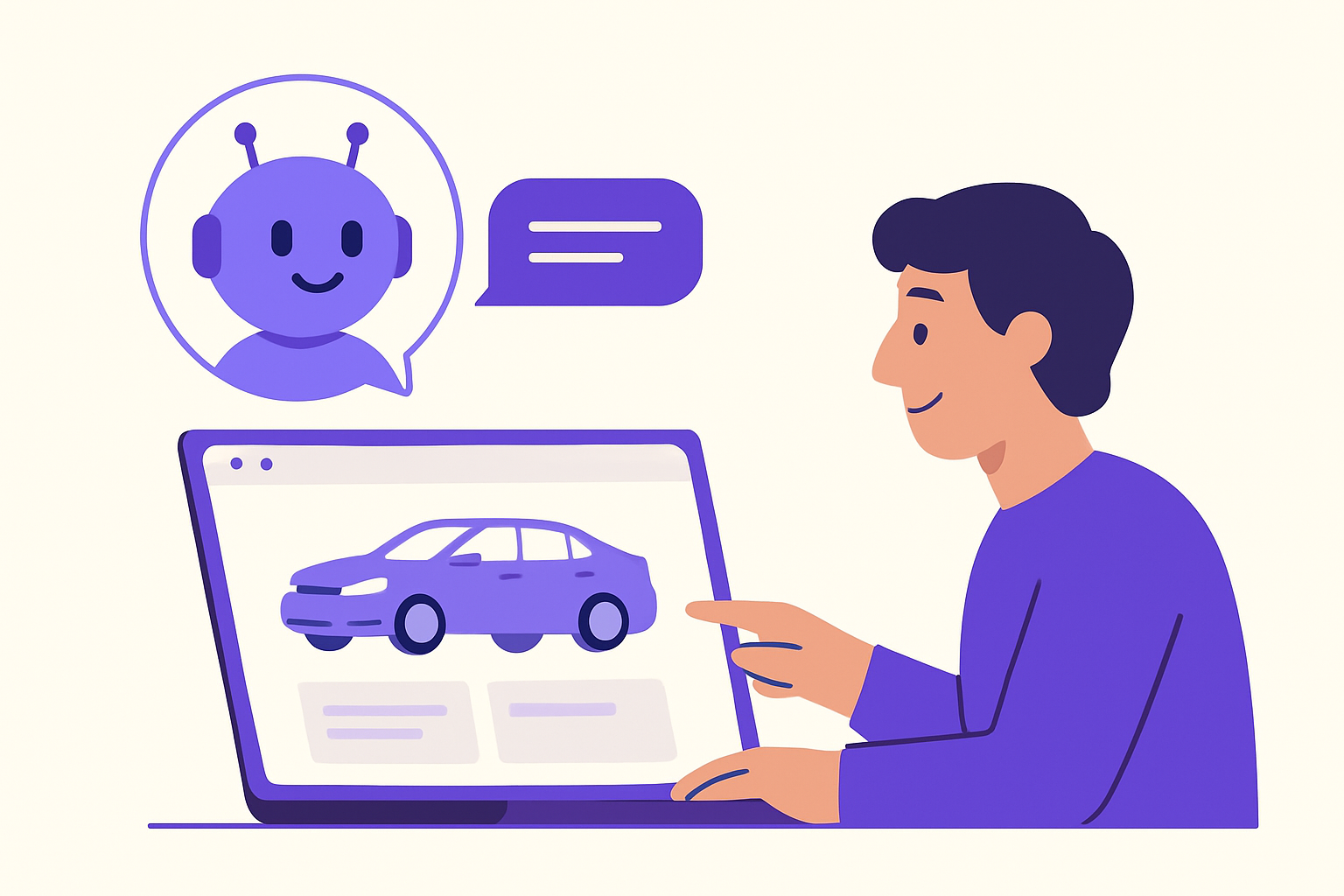 An illustration showing a chatbot interacting with a car dealership website visitor.