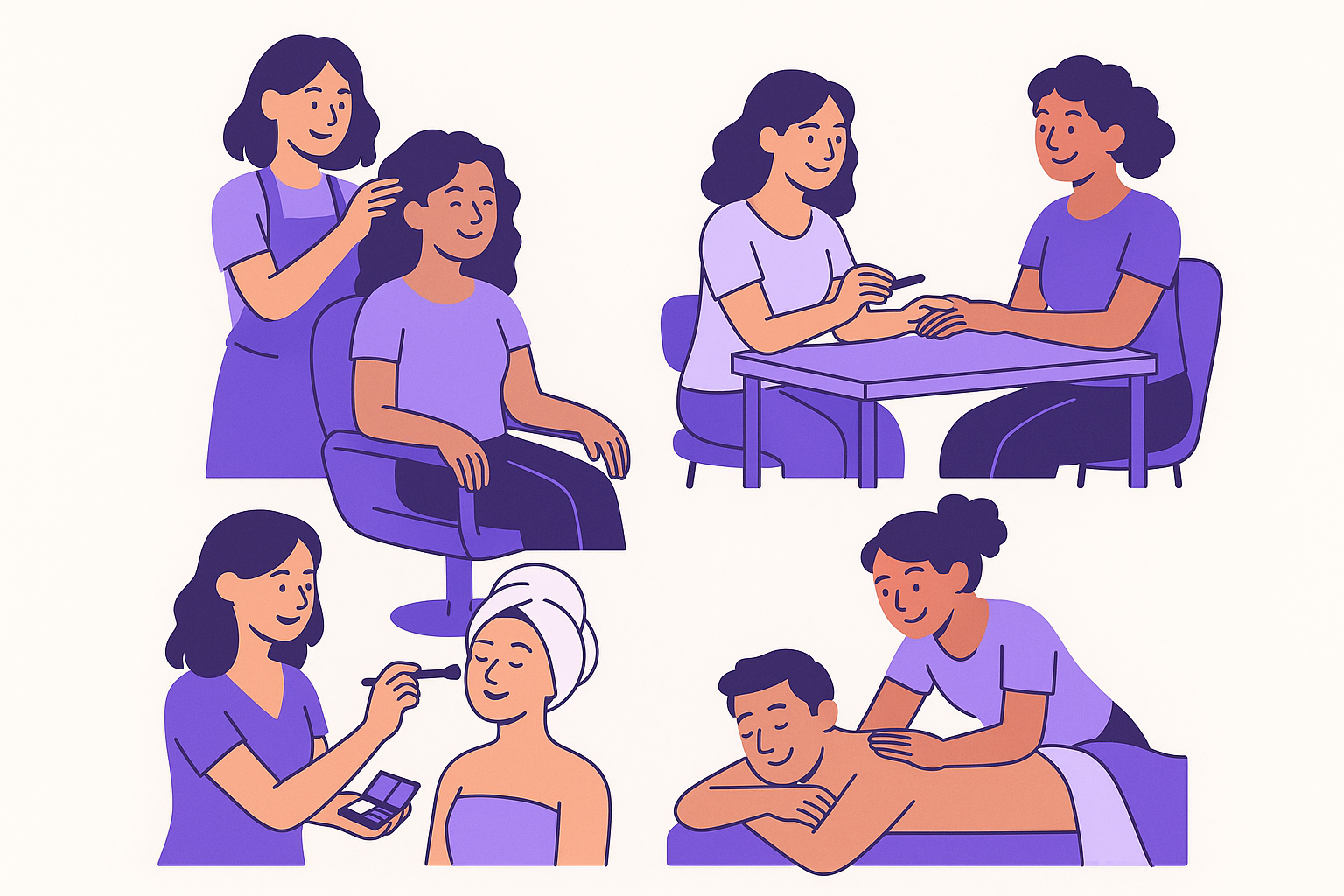 Illustration of happy clients receiving beauty services