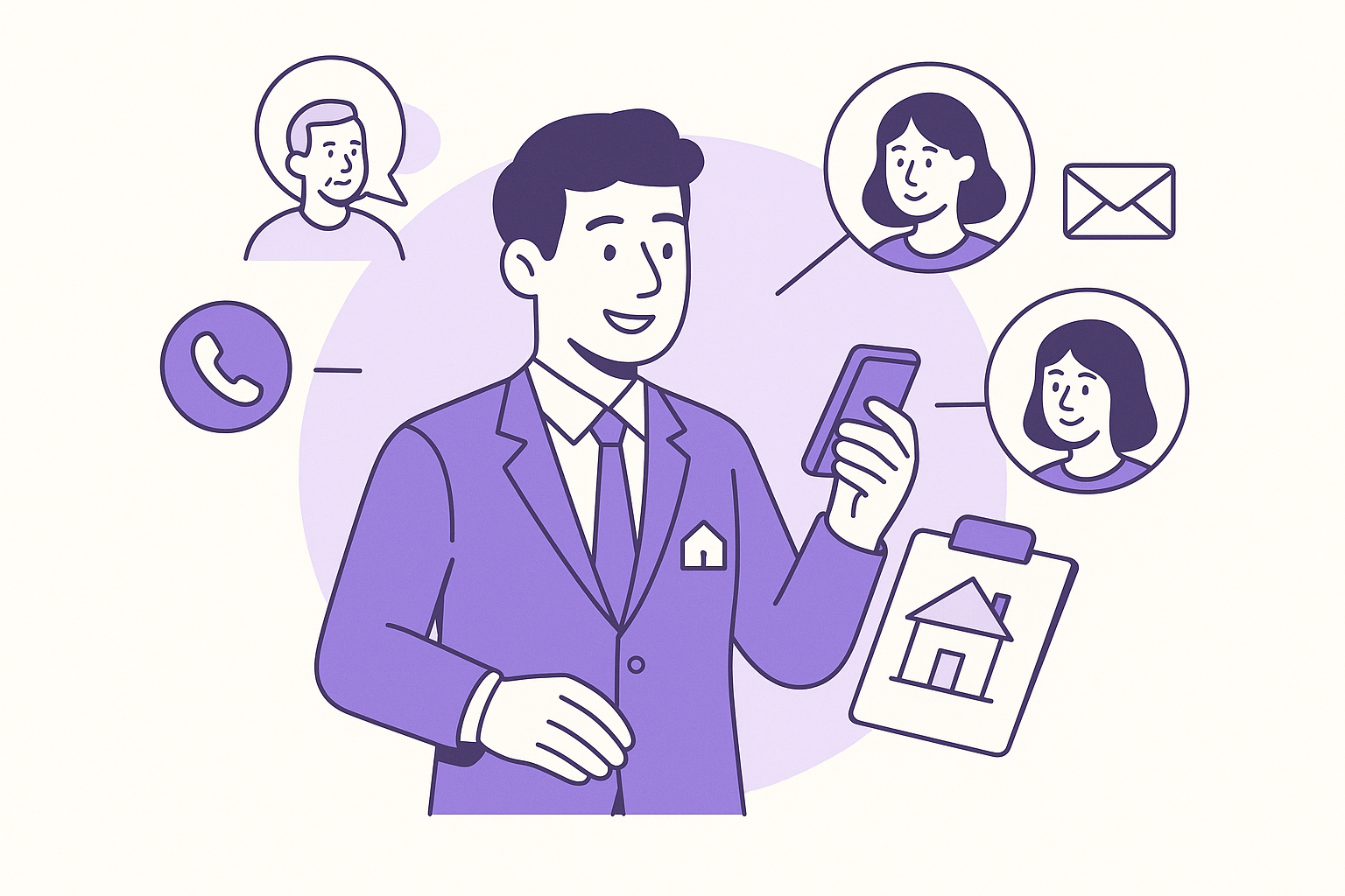 An illustration showing a real estate agent following up with clients via various communication methods.