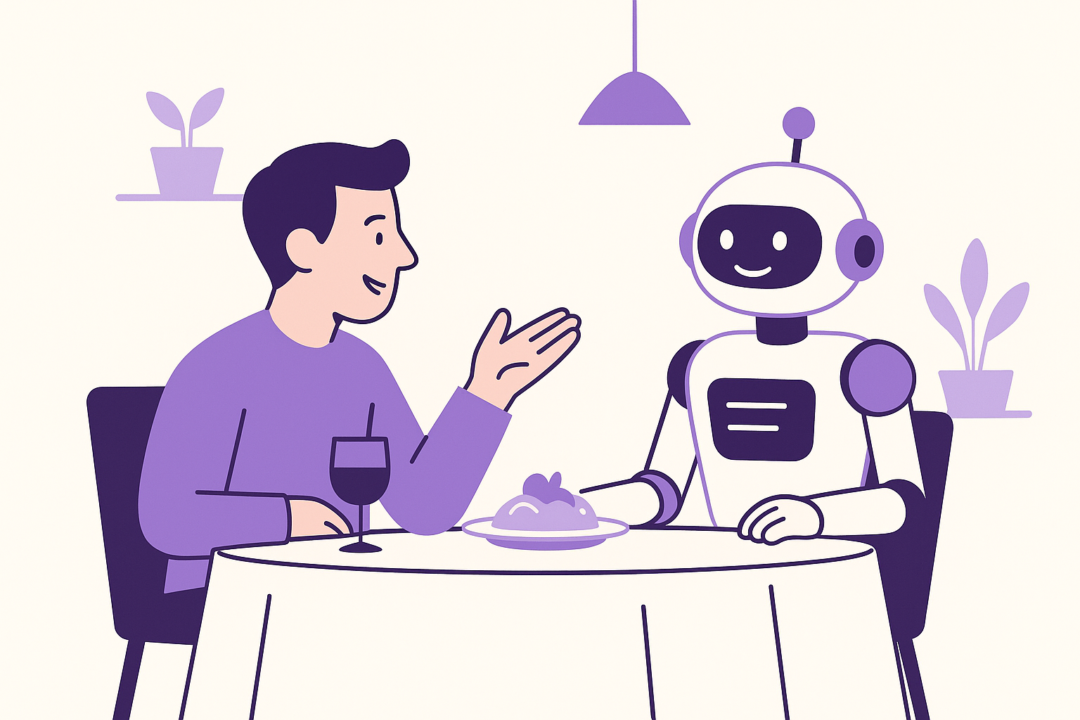 Bir restoranda gece müşteri ile sohbet eden bir chatbot.