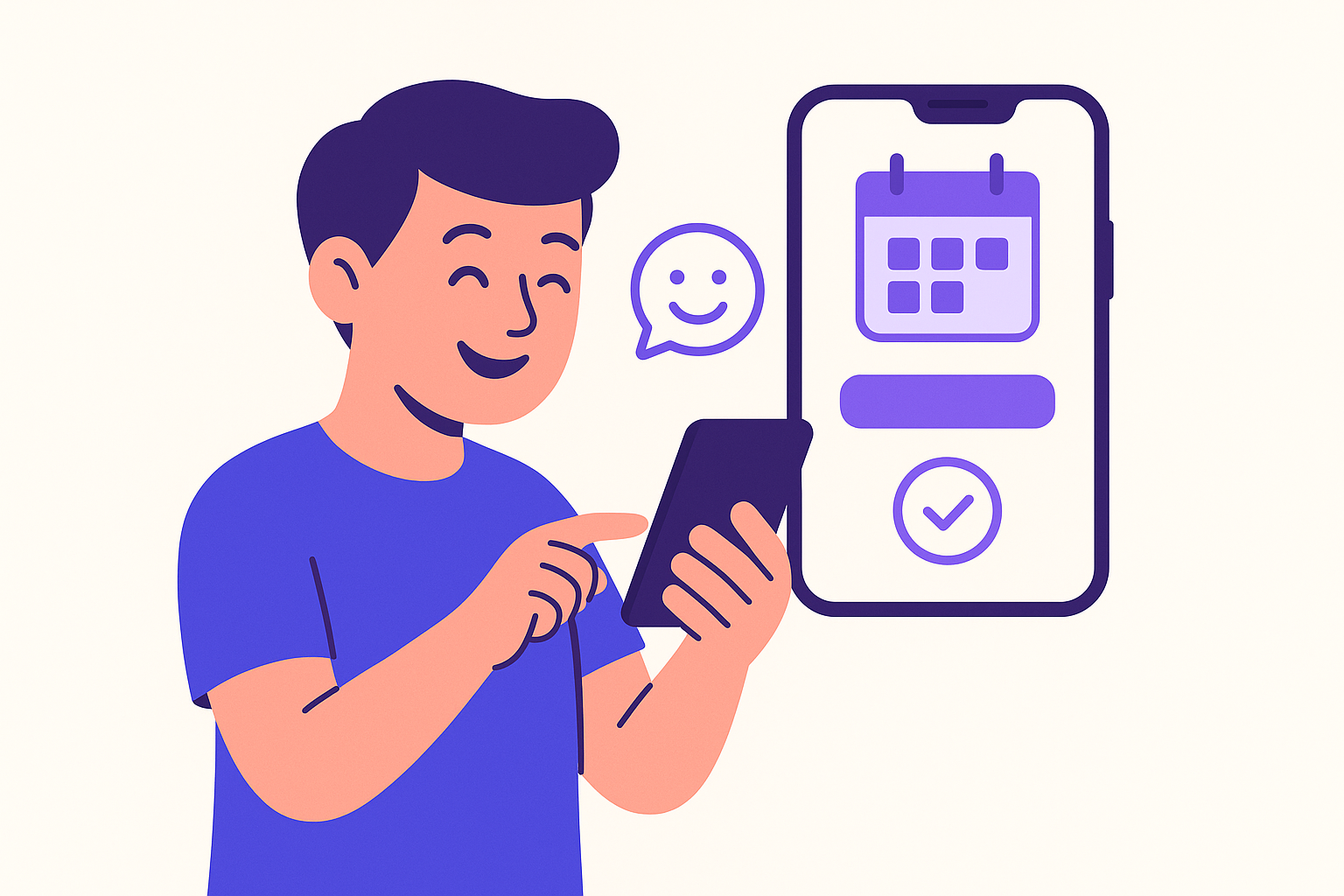 Illustration of a happy customer using a booking system on a smartphone.