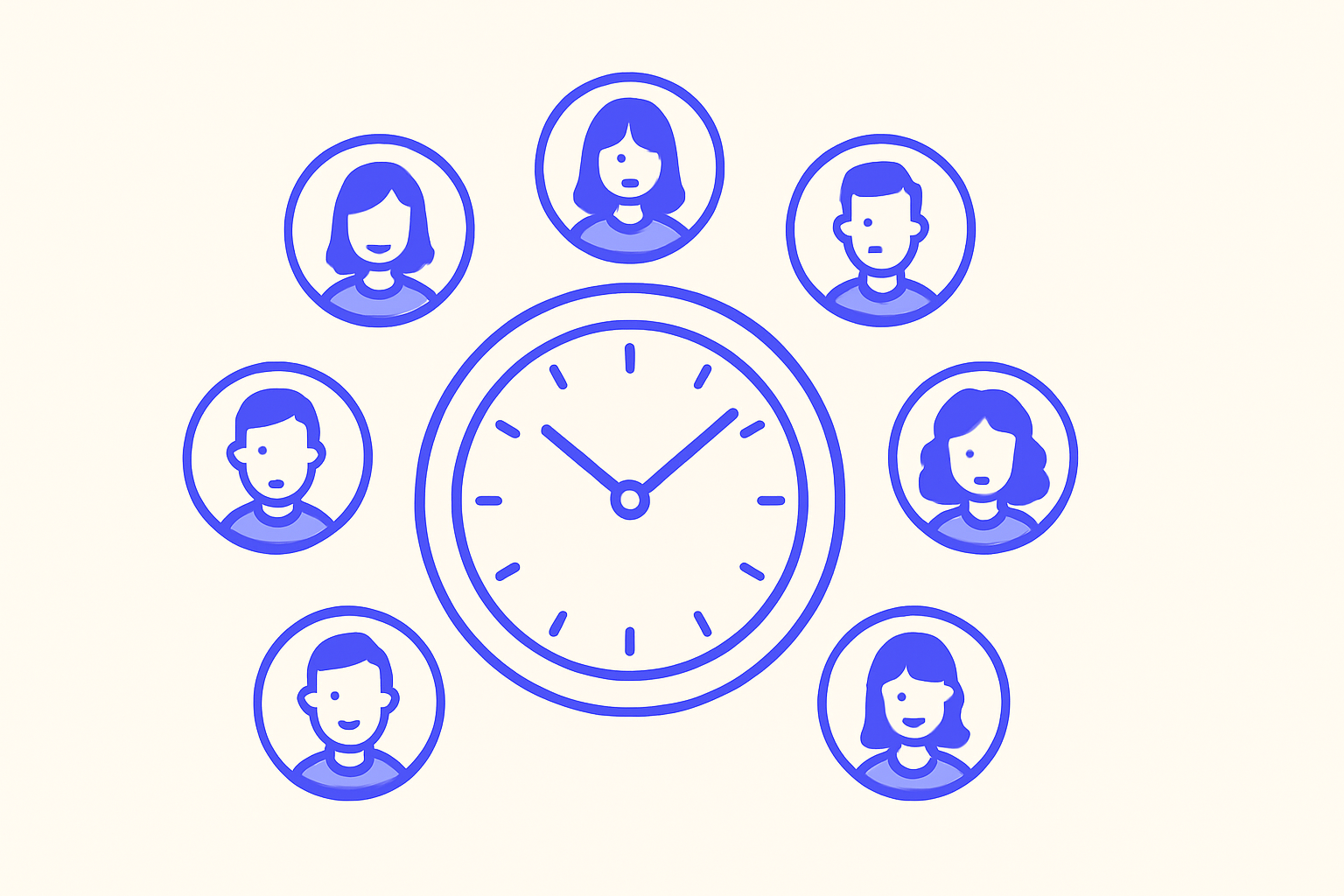 A graphic showing a clock with customer icons around it.