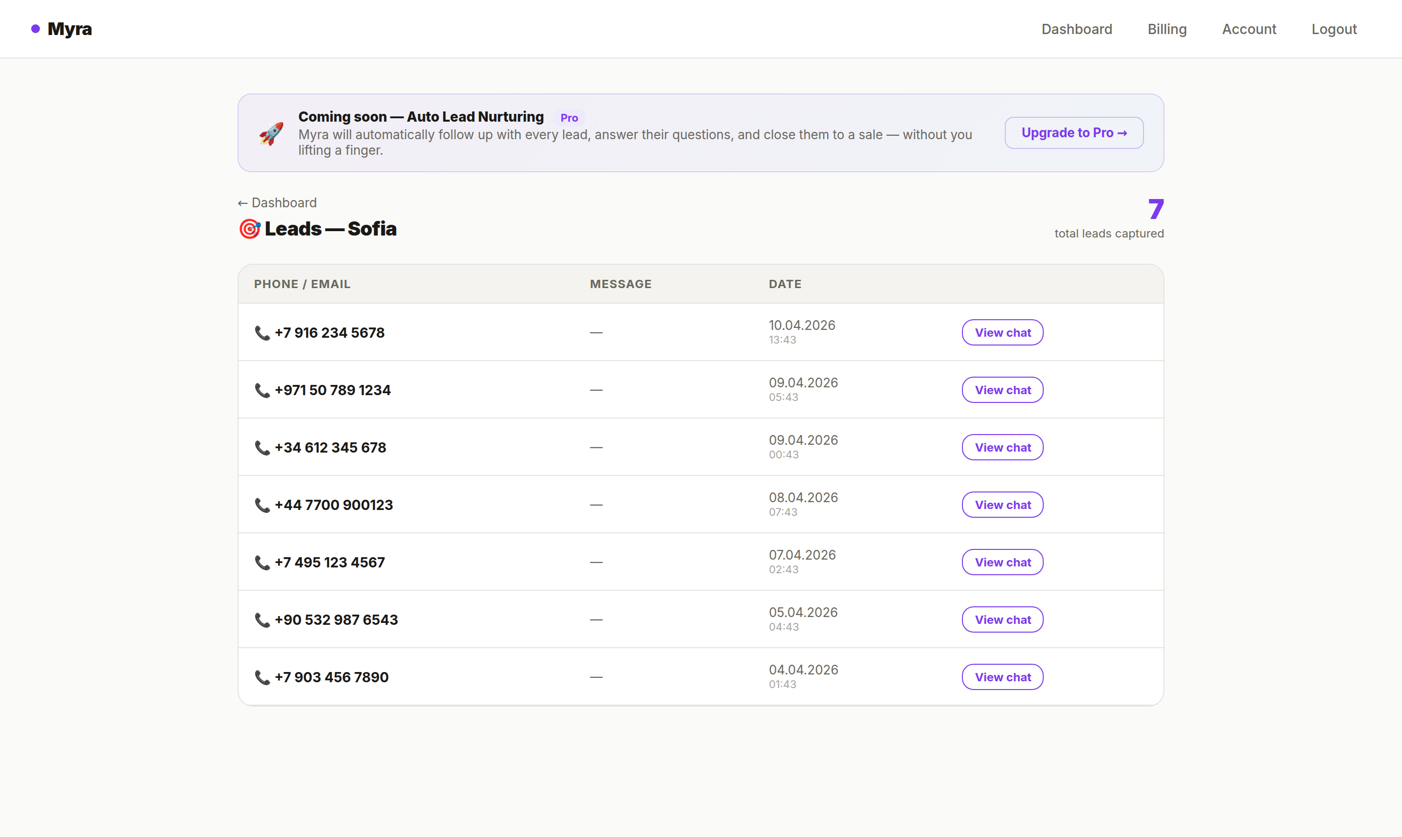 Myra leads list with names and phone numbers