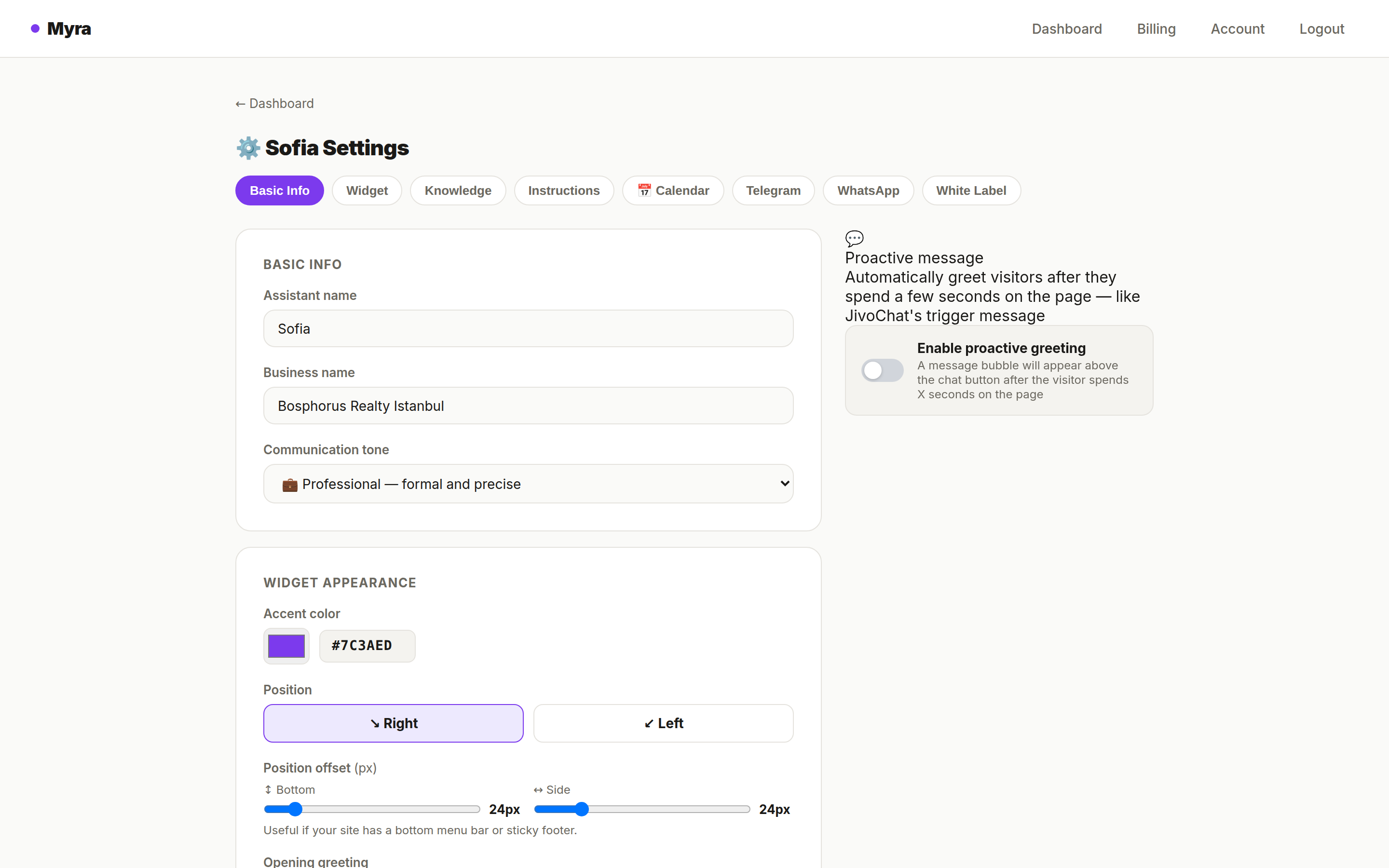 Myra settings screen